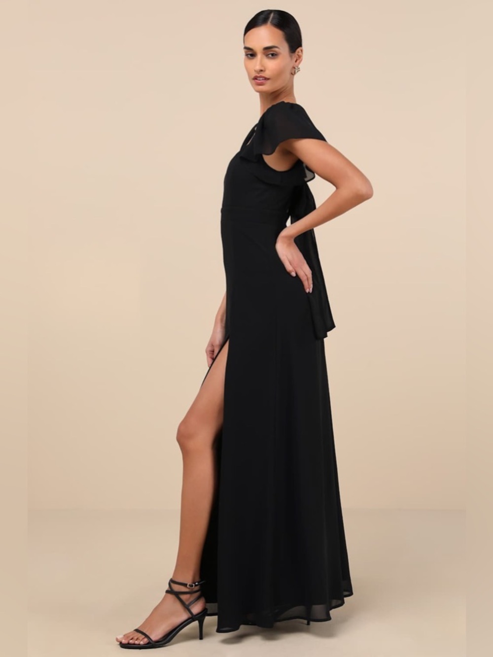 LULU'S Simply Delightful Black
Tie-Back Flutter Sleeve Maxi
Dress - Picture 8 of 12